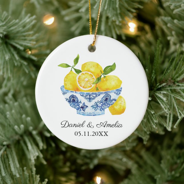 Bowl Of Lemons Chinoiserie Custom Wedding Keepsake Ceramic Ornament (Tree)