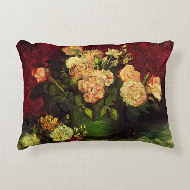 Bowl with Peonies and Roses by Vincent van Gogh Accent Pillow (Front)