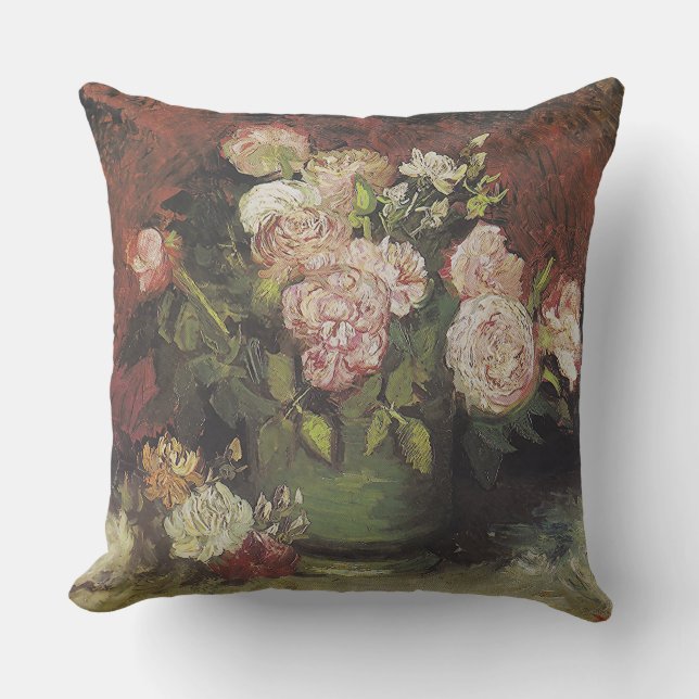 Bowl with Peonies and Roses by Vincent van Gogh    Throw Pillow (Front)