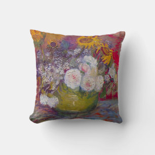 Bowl with Sunflowers and Roses by Vincent van Gogh Throw Pillow