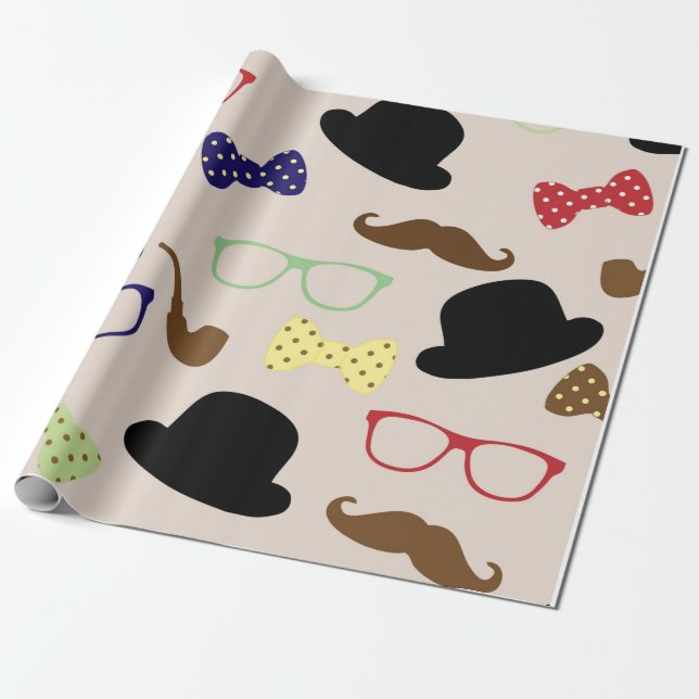 Bowler Hats Pipes Glasses Mustaches For Him Wrapping Paper (Unrolled)