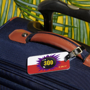 Bowling 300 Game Badge with 300 ball and purple Luggage Tag