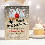 Bowling and Pizza Birthday Party Invitation<br><div class="desc">Combination birthday party invitations featuring a rustic wooden background,  string twinkle lights,  bowling ball,  pins,  pizza,  and a modern birthday celebration template that is easy to personalize.</div>