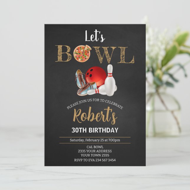 Bowling and Pizza Theme Birthday Party Invitation (Standing Front)