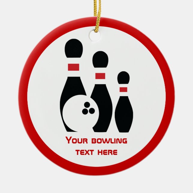 Bowling ball and pins black red custom ceramic ornament (Front)