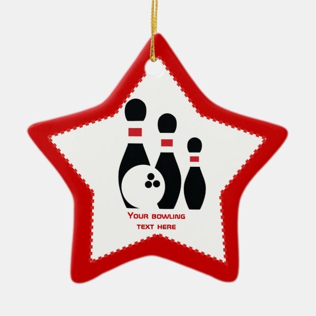 Bowling ball and pins black red custom ceramic ornament (Front)