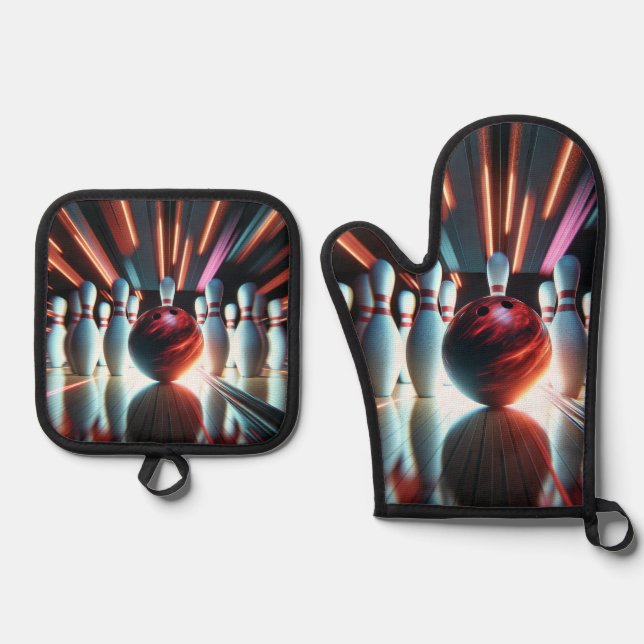 Bowling Ball and Pins Oven Mitt & Pot Holder Set (Front)