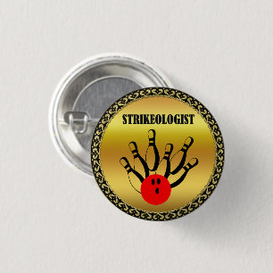 Bowling ball and pins with the word STRIKEOLOGIST