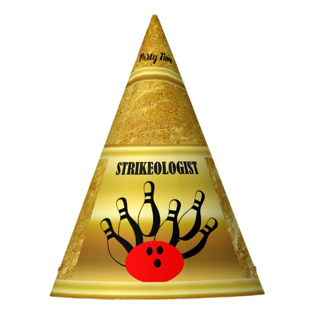 Bowling ball and pins with the word STRIKEOLOGIST Party Hat (Front)