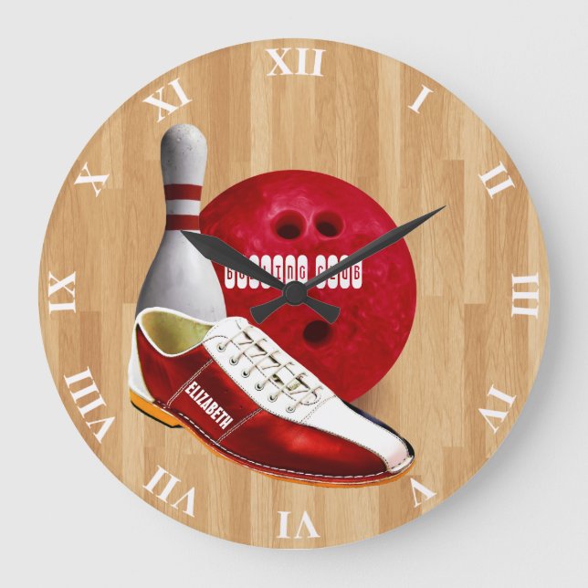 Bowling Ball Shoe And Pin With Your Custom Name Large Clock (Front)