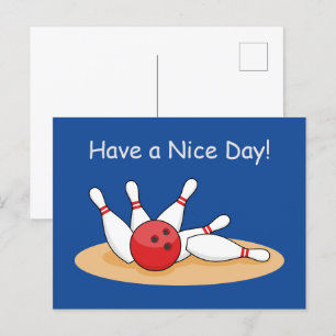 Bowling Ball Striking Skittles Personalize Holiday Postcard