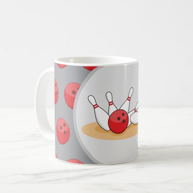 Bowling Ball Striking Skittles with Ball Pattern Coffee Mug (Front Left)