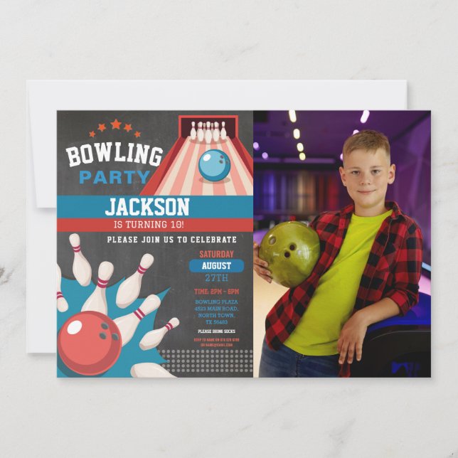 Bowling Birthday Blue Strike Fun Bowl Boys Photo Invitation (Front)