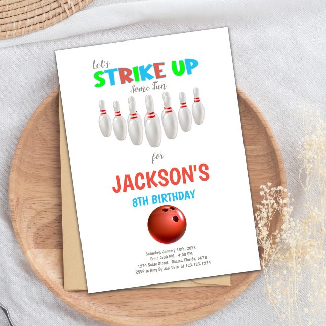 Bowling Birthday Invitation (White Red Bowling Birthday Invitations)