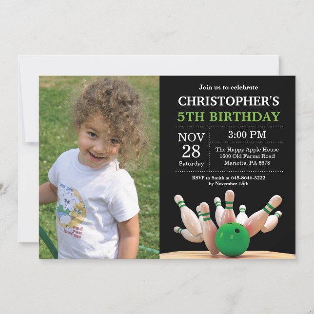 Bowling Birthday Invitation Birthday Party Green (Front)