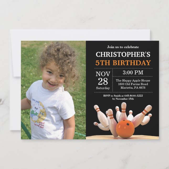 Bowling Birthday Invitation Birthday Party Orange (Front)