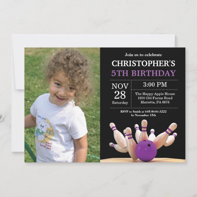 Bowling Birthday Invitation Birthday Party Purple (Front)