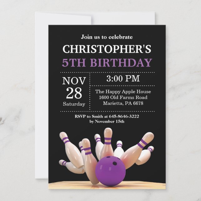 Bowling Birthday Invitation Birthday Party Purple (Front)