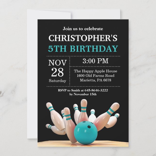 Bowling Birthday Invitation Birthday Party Teal (Front)