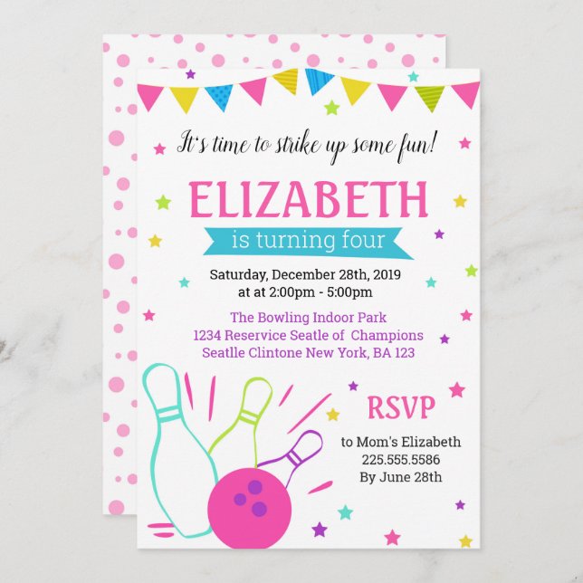 Bowling birthday invitation for girl (Front/Back)