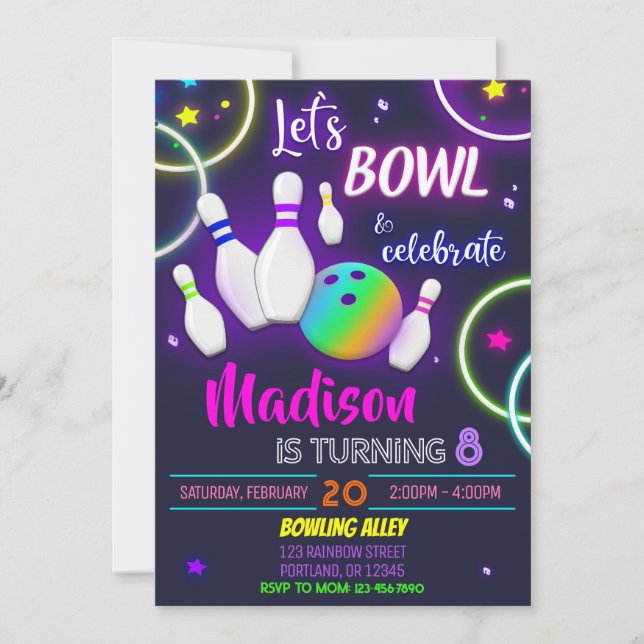 Bowling birthday invitation Neon glow party invite (Front)