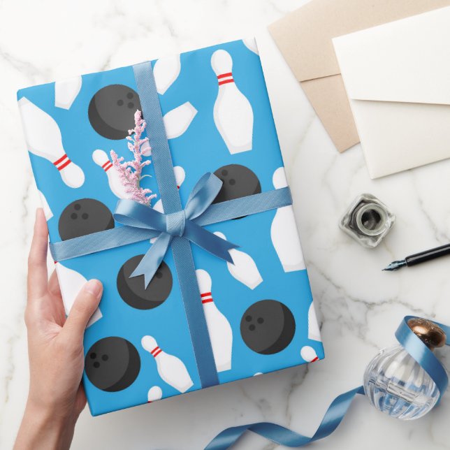 Bowling Birthday Party Blue Wrapping Paper (Gifting)