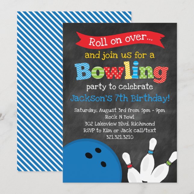 Bowling Birthday Party - Chalkboard Invitation (Front/Back)