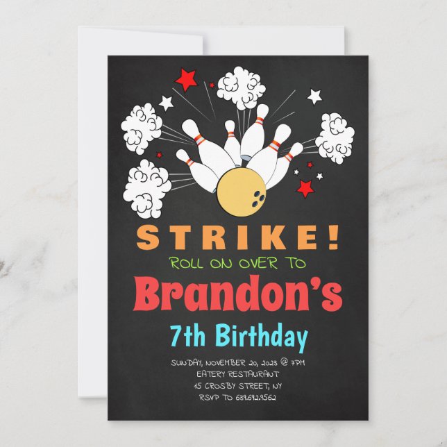 Bowling birthday party invitation black boy (Front)