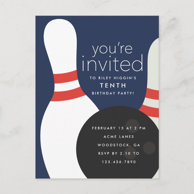 Bowling Birthday Party Invitation Postcard (Front)