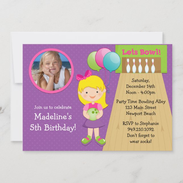 Bowling Birthday Party Invitation with Photo (Front)