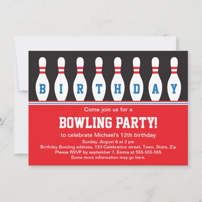 Bowling birthday party invitation with pins (Front)