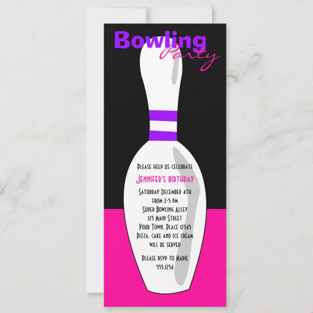 Bowling Birthday Party Invite - Pink Black Purple (Front)