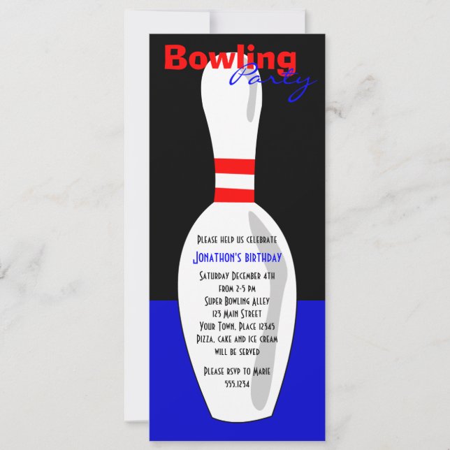 Bowling Birthday Party Invite - Red White and Blue (Front)