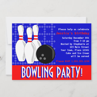 Bowling Birthday Party Invite - Red White and Blue