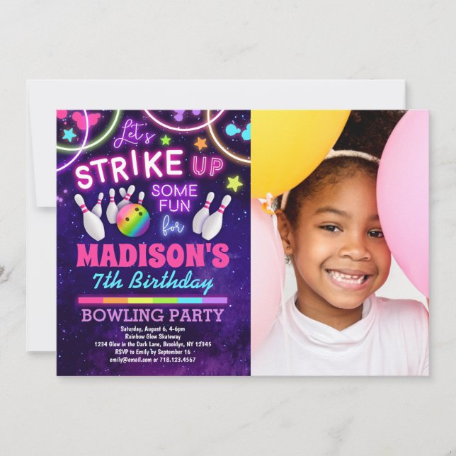 Bowling Birthday Party Rainbow Glow Photo Invitation (Front)