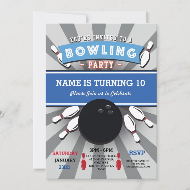 Bowling Birthday Party Tenpin Boys Girls Invite (Front)