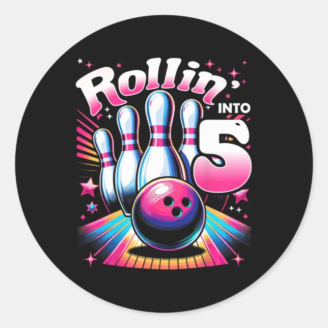 Bowling Birthday Rollin Into 5 Party 5th Birthday  Classic Round Sticker (Front)