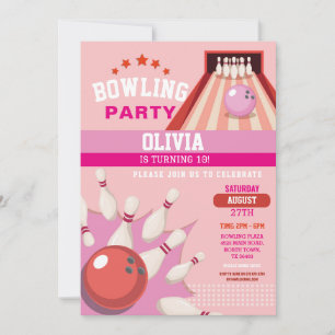 Bowling Ble Strike Fun Bowl Pink Girls Birthday  Invitation