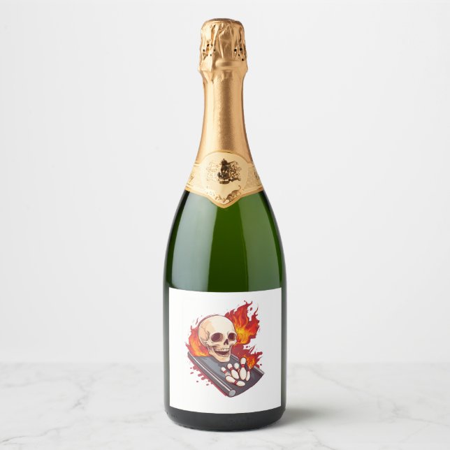 Bowling Bones – Funny Sports Skull Sparkling Wine Label (Front)