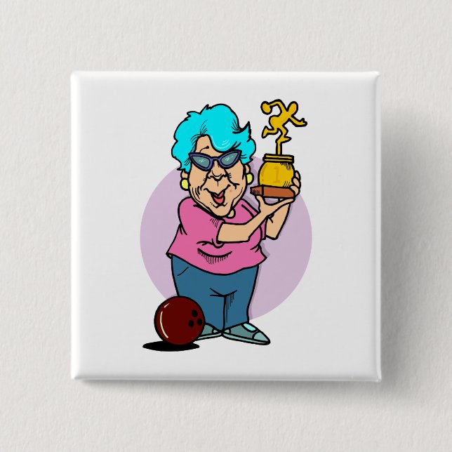 bowling champ granny cartoon 2 inch square button (Front)