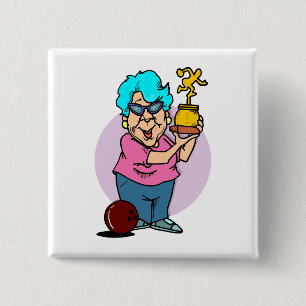 bowling champ granny cartoon 2 inch square button