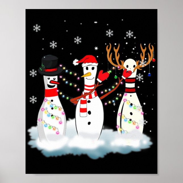 Bowling Christmas Pajama Lights Reindeer Santa Fun Poster (Front)