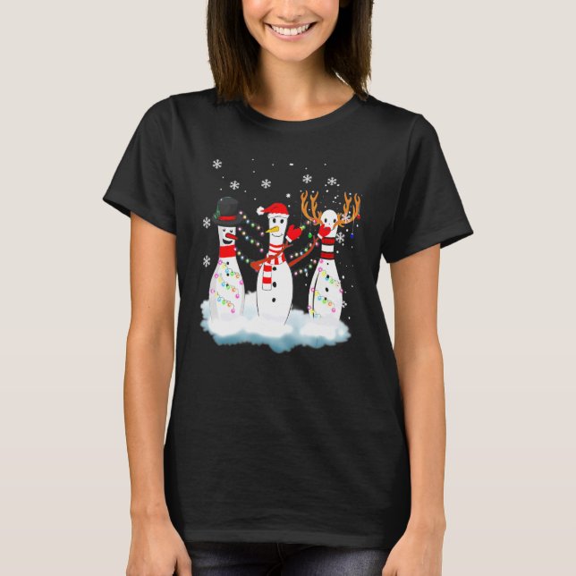 Bowling Christmas Pajama Lights Reindeer Santa Fun T-Shirt (Front)