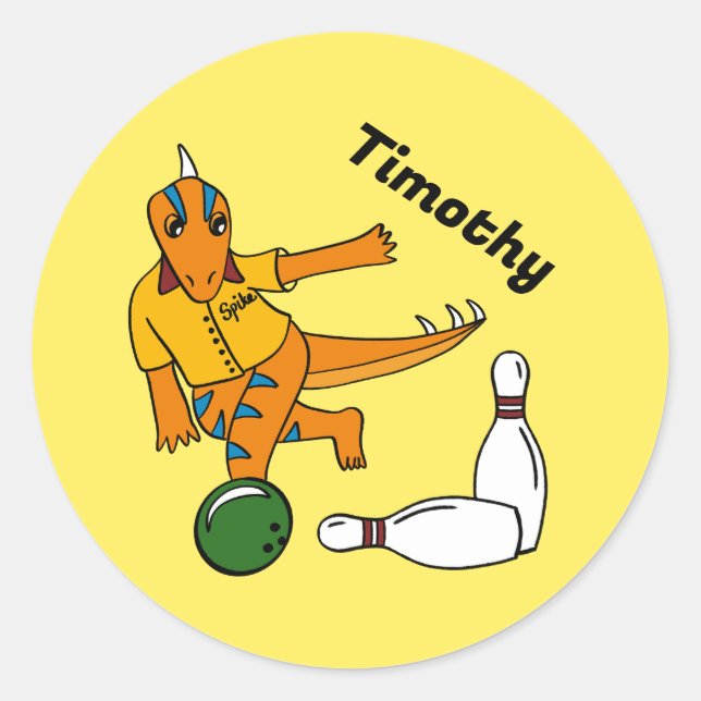 Bowling Dinosaur Cartoon Personalized Bowlers Classic Round Sticker (Front)