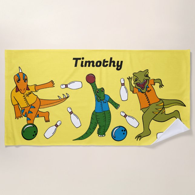 Bowling Dinosaurs Cartoons Personalized Bowlers Beach Towel (Front)