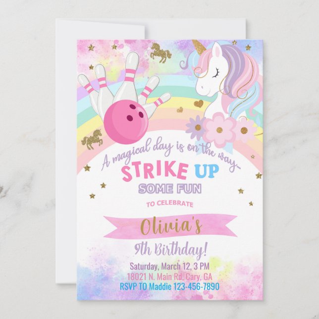 Bowling et Unicorn invitation d'anniversaire fille (Devant)