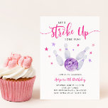 Bowling Girl Birthday Party | Strike Up Some Fun Invitation<br><div class="desc">Fun girl's birthday party invitation card featuring watercolor illustration of a bowling ball hitting some pins with pink and purple stars flying. The text says "Let's Strike Up Some Fun!"</div>