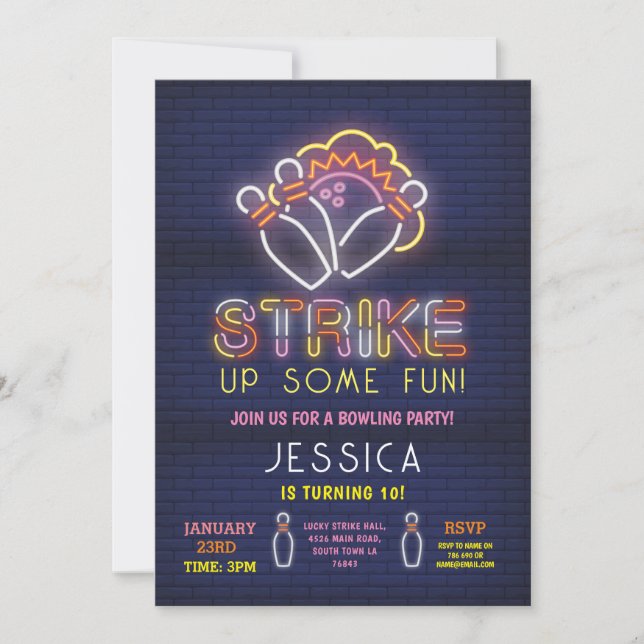 Bowling Invitation fête d'anniversaire Neon Pink S (Devant)