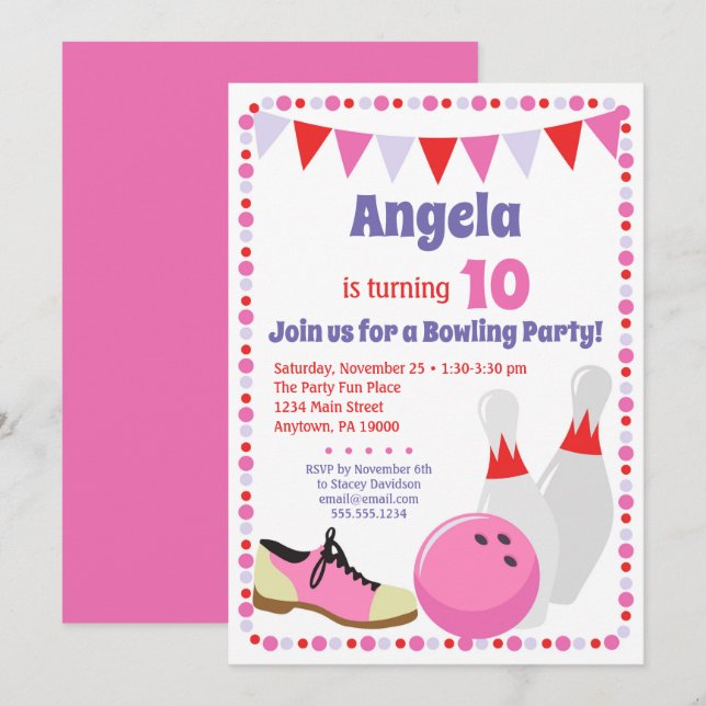Bowling Invitation Girls Bowling Anniversaire (Devant / Derrière)