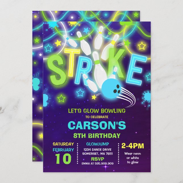 Bowling Invitation Glow Neon Bowling Birthday (Front/Back)